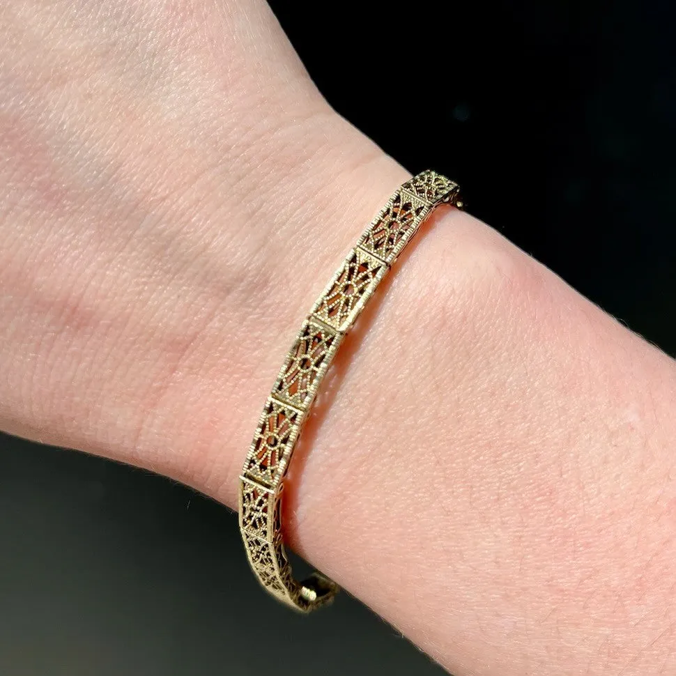 Art Deco 14k Yellow Gold Filigree Bracelet, 7.25"