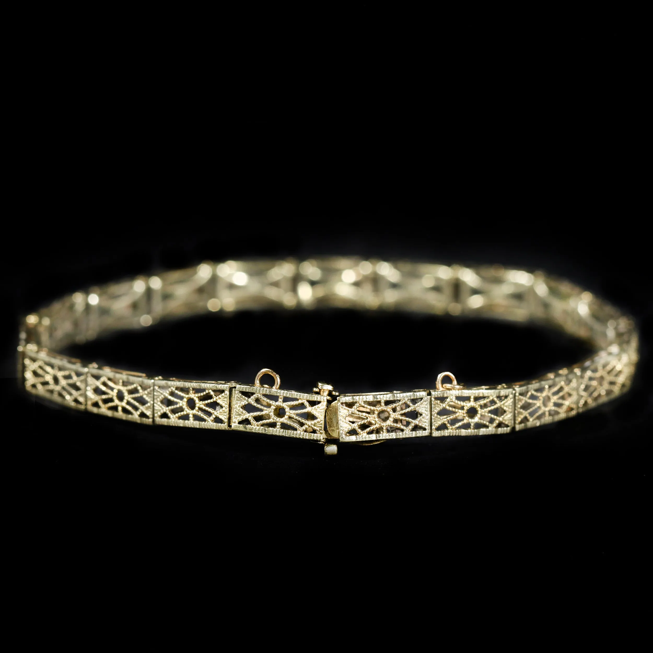 Art Deco 14k Yellow Gold Filigree Bracelet, 7.25"