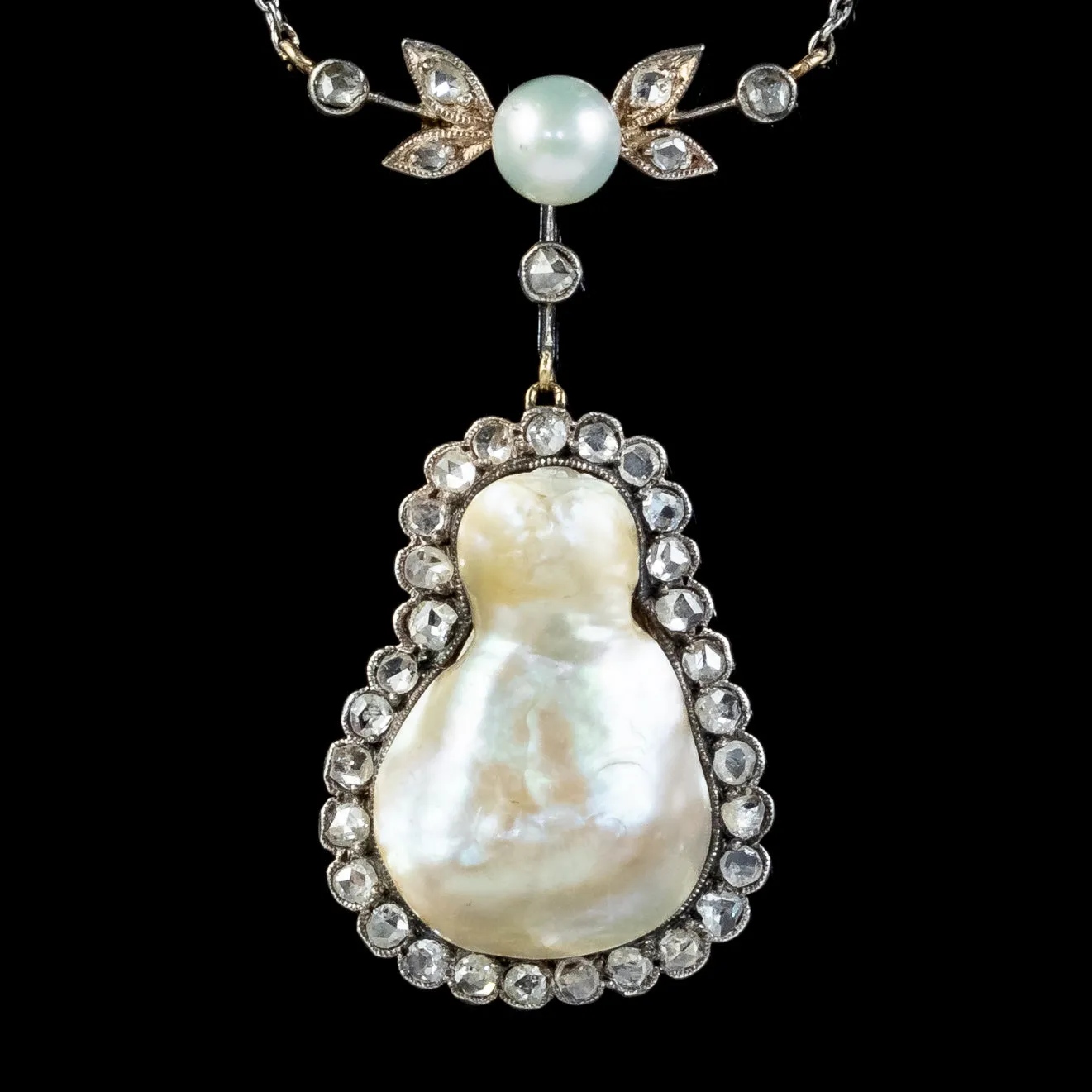 Art Deco Baroque Pearl Diamond Lavaliere Necklace 18ct Gold 2ct Of Diamond