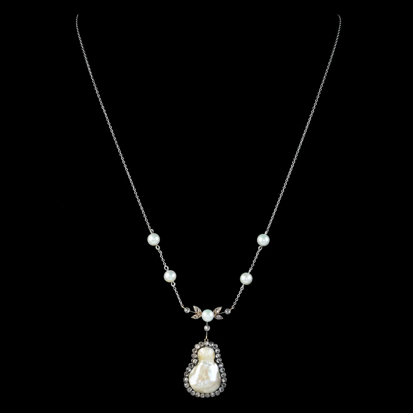 Art Deco Baroque Pearl Diamond Lavaliere Necklace 18ct Gold 2ct Of Diamond