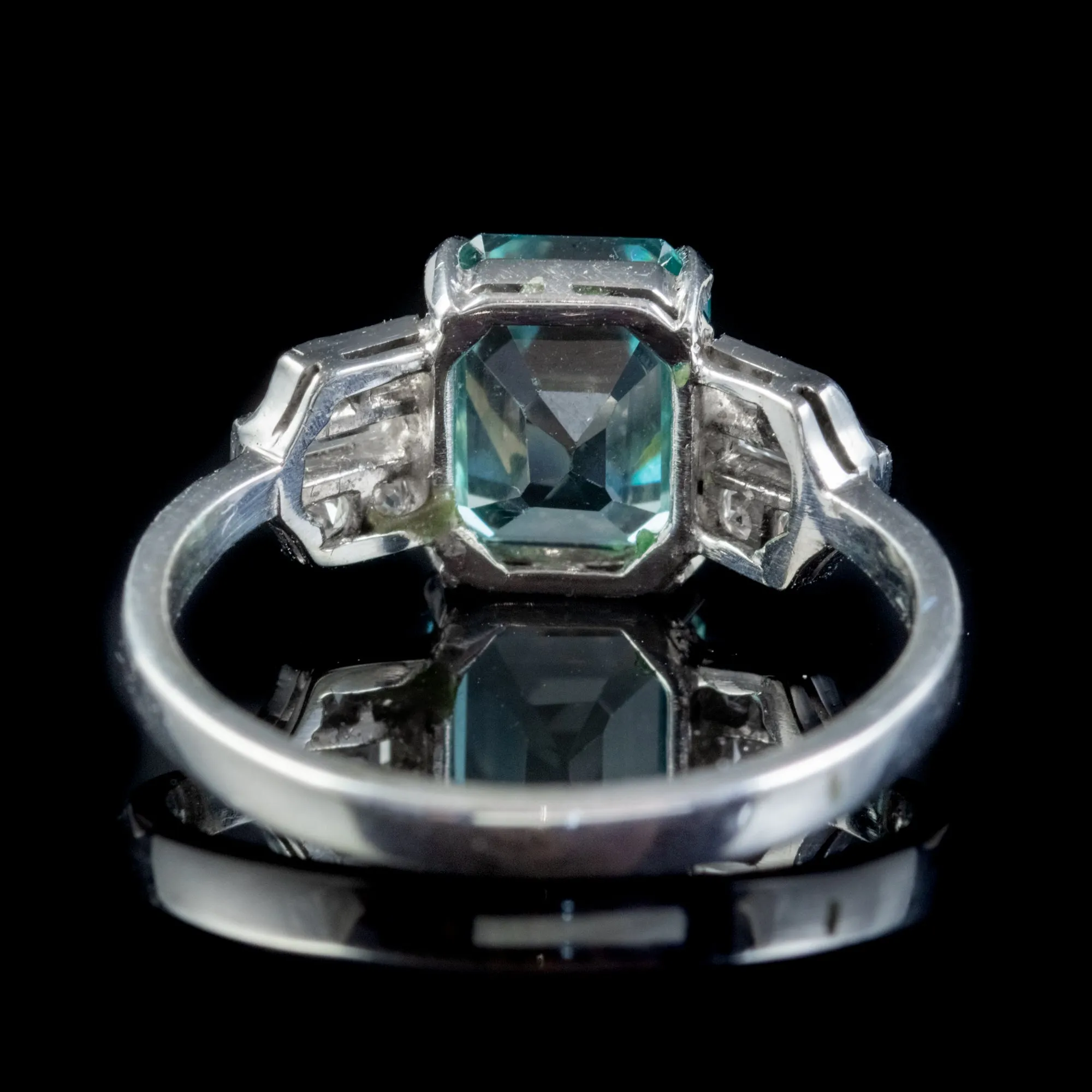 Art Deco Blue Zircon Diamond Ring Platinum 2.80Ct Emerald Cut Zircon Circa 1920