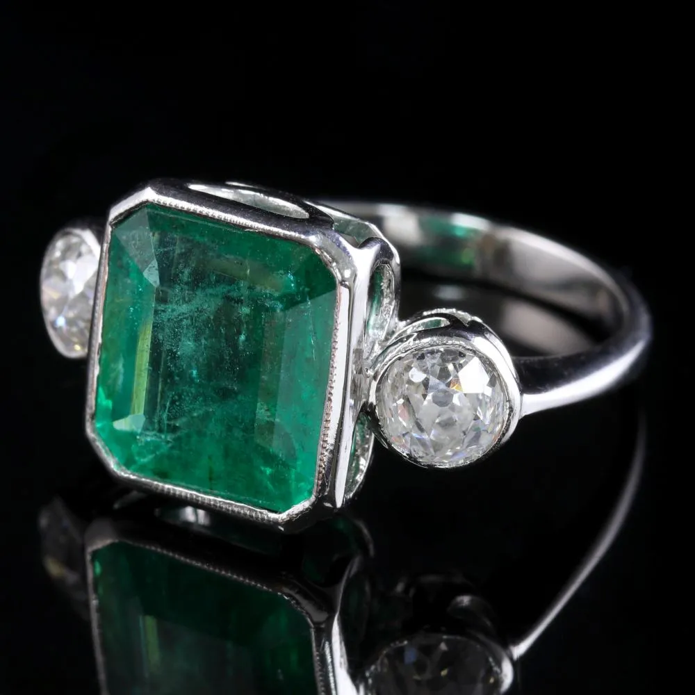 Art Deco Emerald Diamond Platinum Ring 8Ct Emerald 1.20Ct Diamond