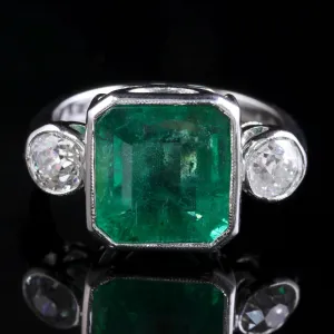 Art Deco Emerald Diamond Platinum Ring 8Ct Emerald 1.20Ct Diamond