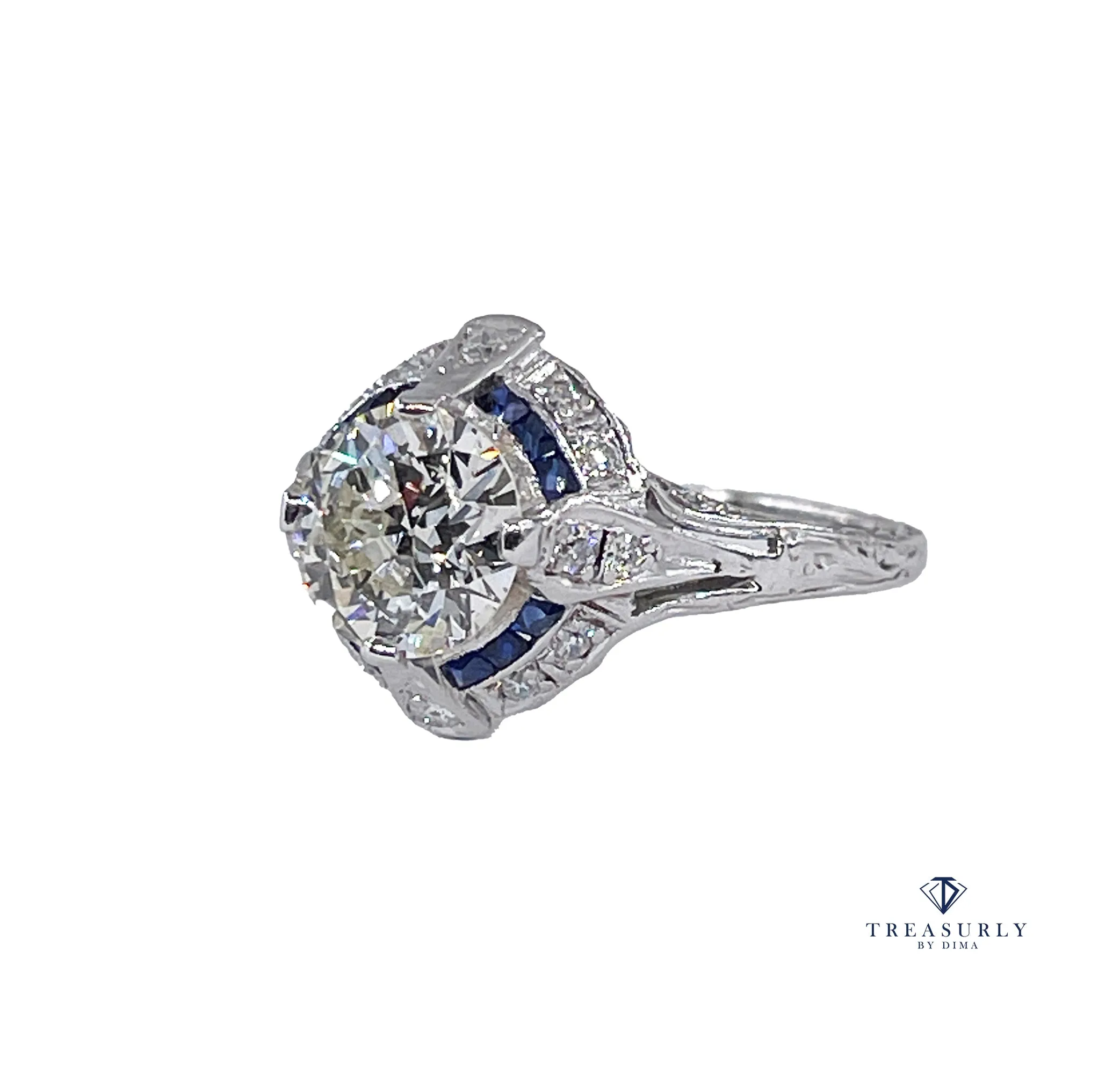 Art Deco GIA Vintage Antique 3.0ct Old EUROPEAN Diamond Sapphire Platinum Engagement Ring