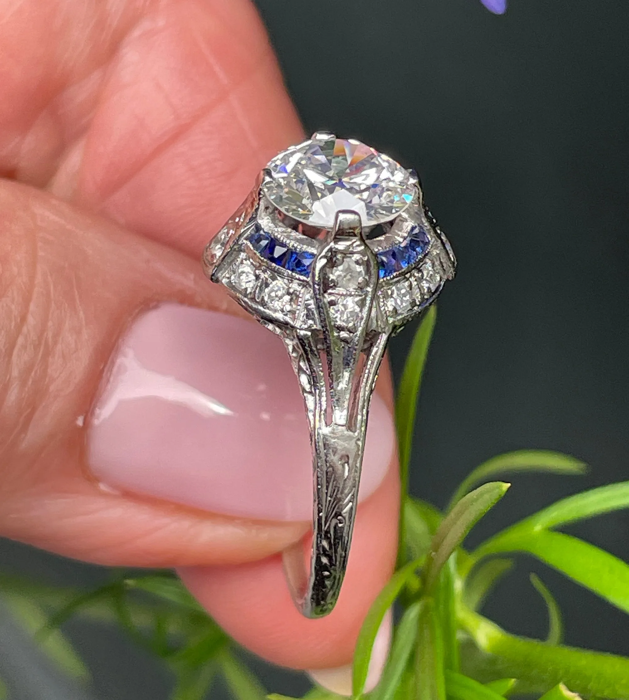 Art Deco GIA Vintage Antique 3.0ct Old EUROPEAN Diamond Sapphire Platinum Engagement Ring