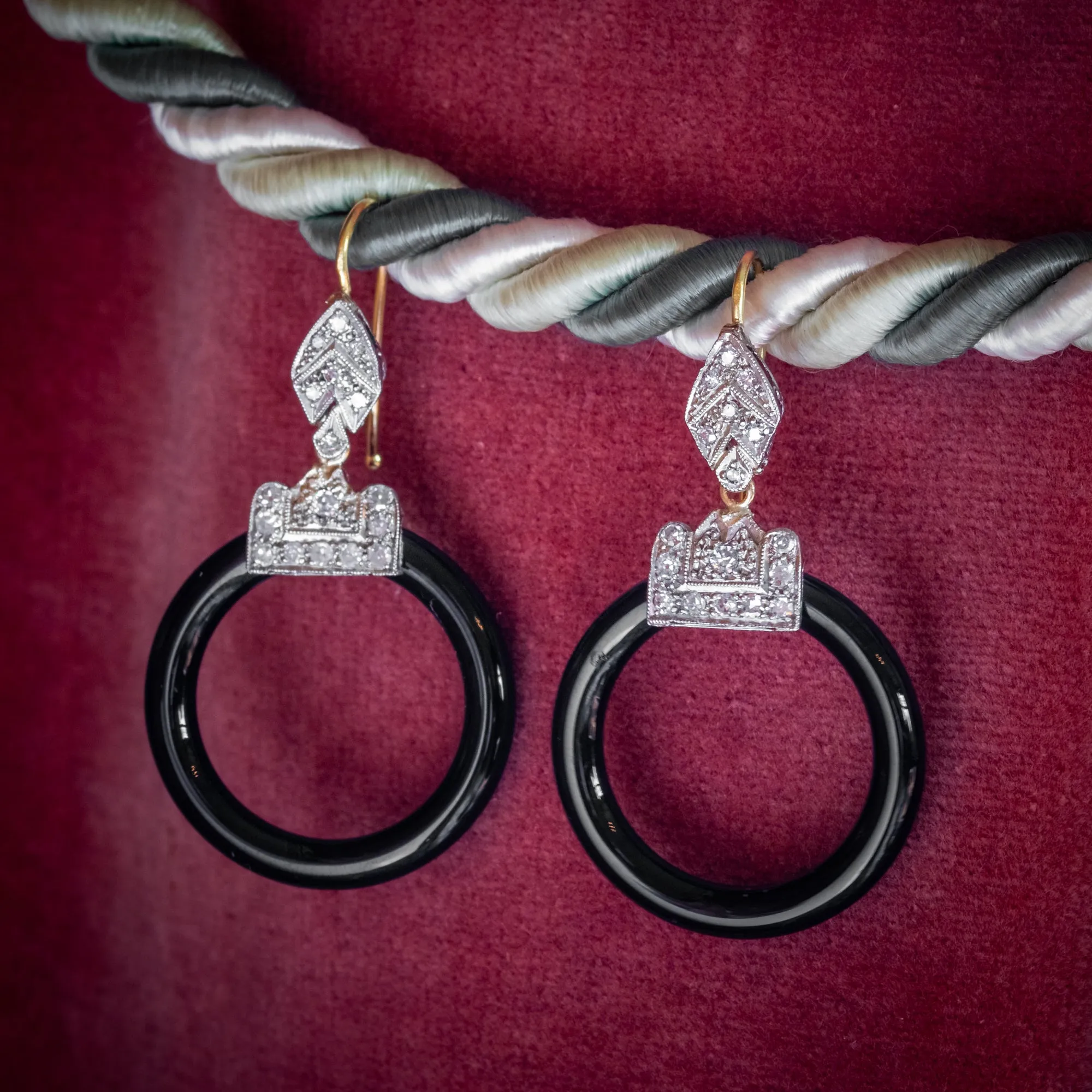 Art Deco Onyx Diamond Hoop Earrings 18Ct Gold Platinum Circa 1920