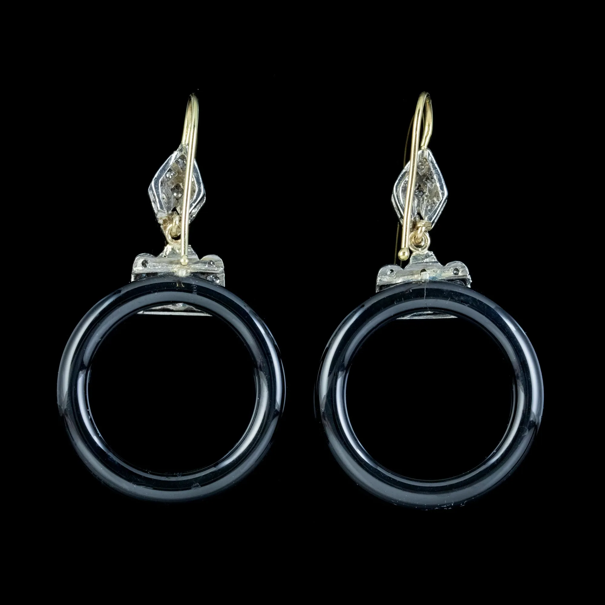 Art Deco Onyx Diamond Hoop Earrings 18Ct Gold Platinum Circa 1920