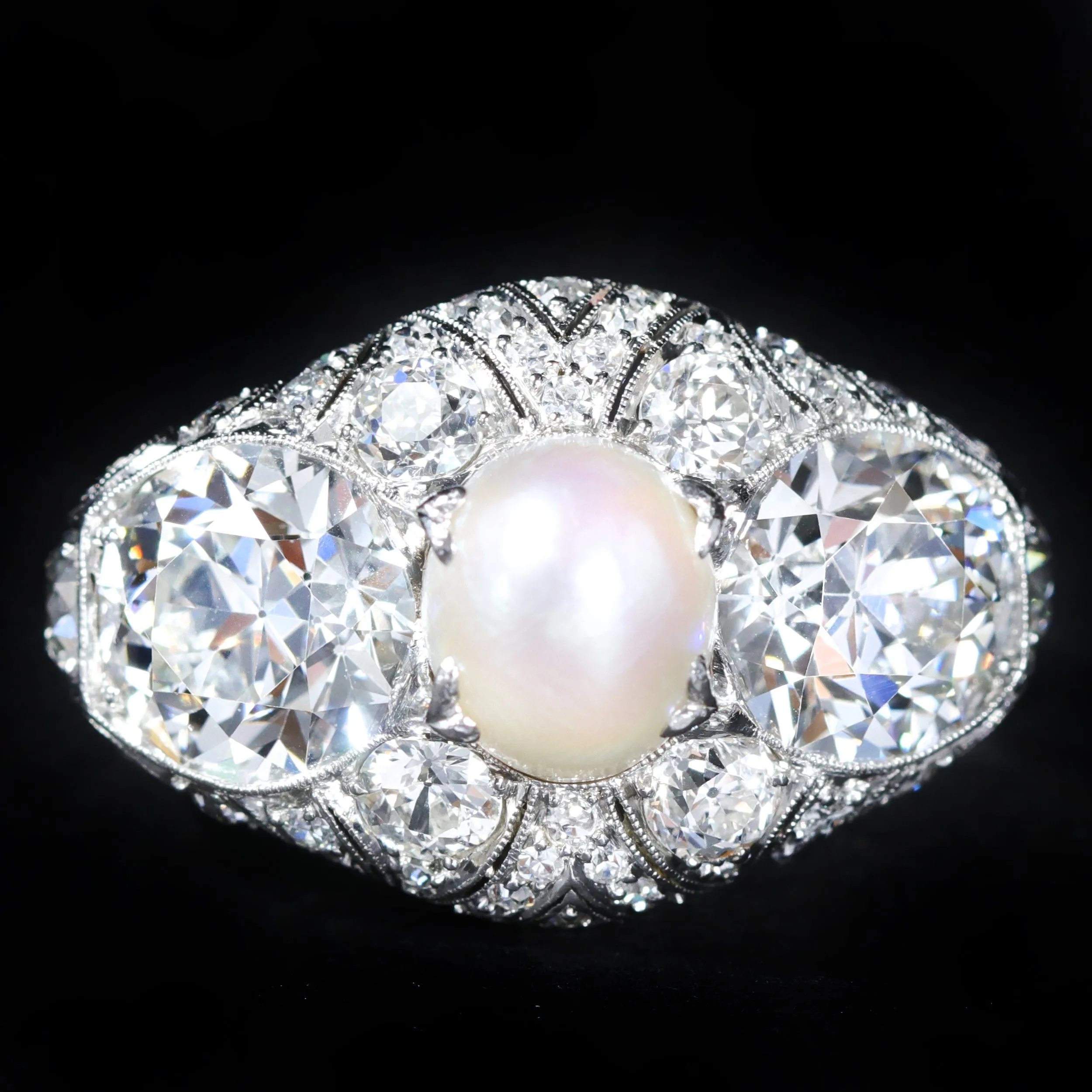 Art Deco Platinum 7.05 CTW Diamond and GIA Natural Pearl Ring