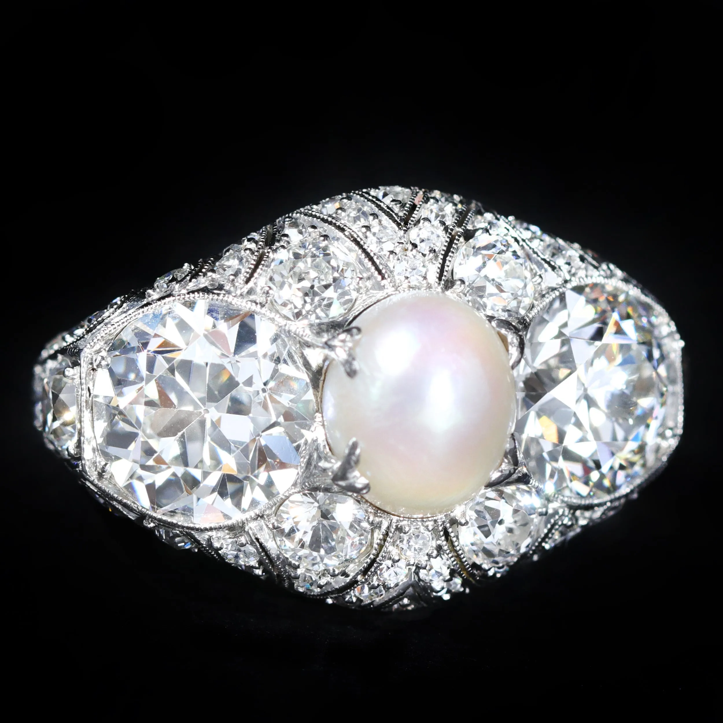 Art Deco Platinum 7.05 CTW Diamond and GIA Natural Pearl Ring