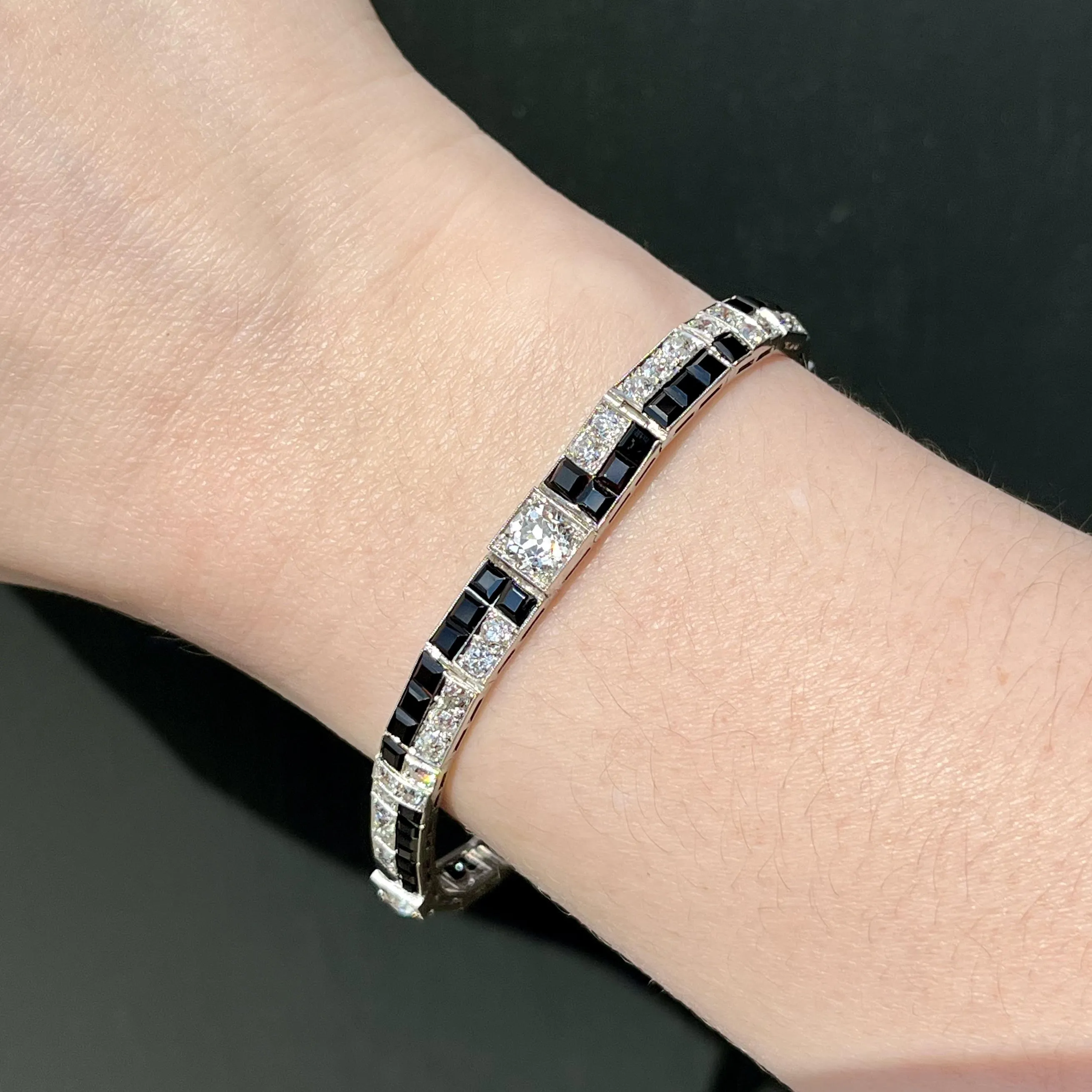 Art Deco Platinum Diamond and Black Onyx Bracelet