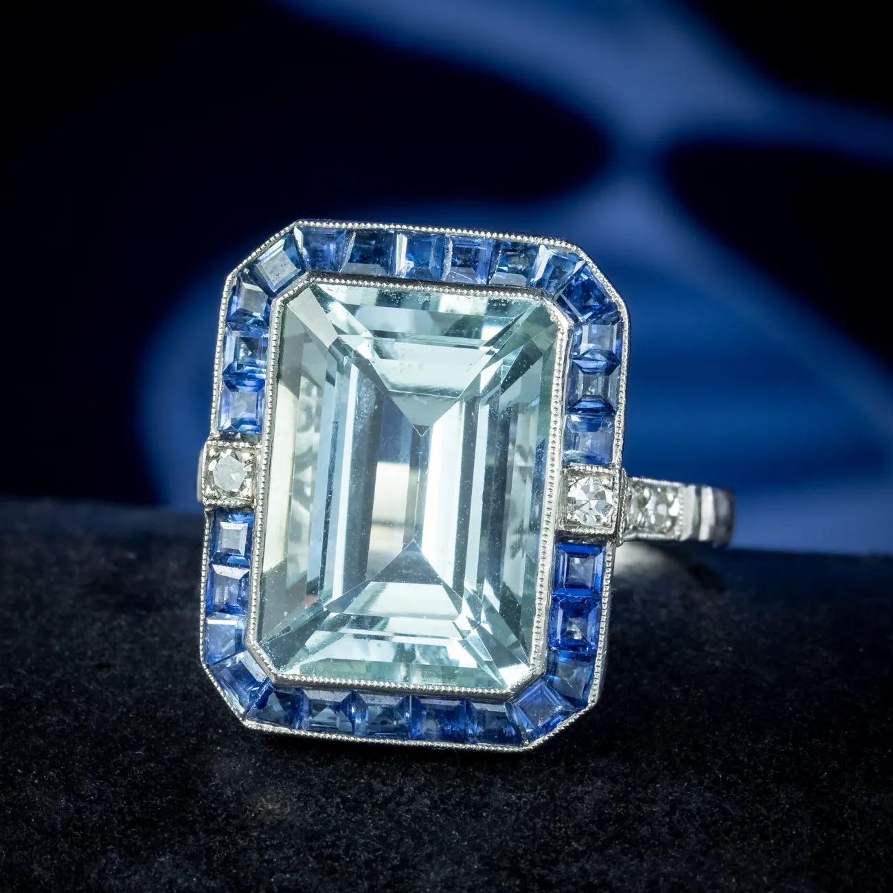 Art Deco Style Aquamarine Sapphire Diamond Cocktail Ring 7.29ct Aqua