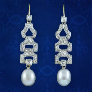 Art Deco Style Diamond Pearl Drop Earrings 2ct Of Diamond