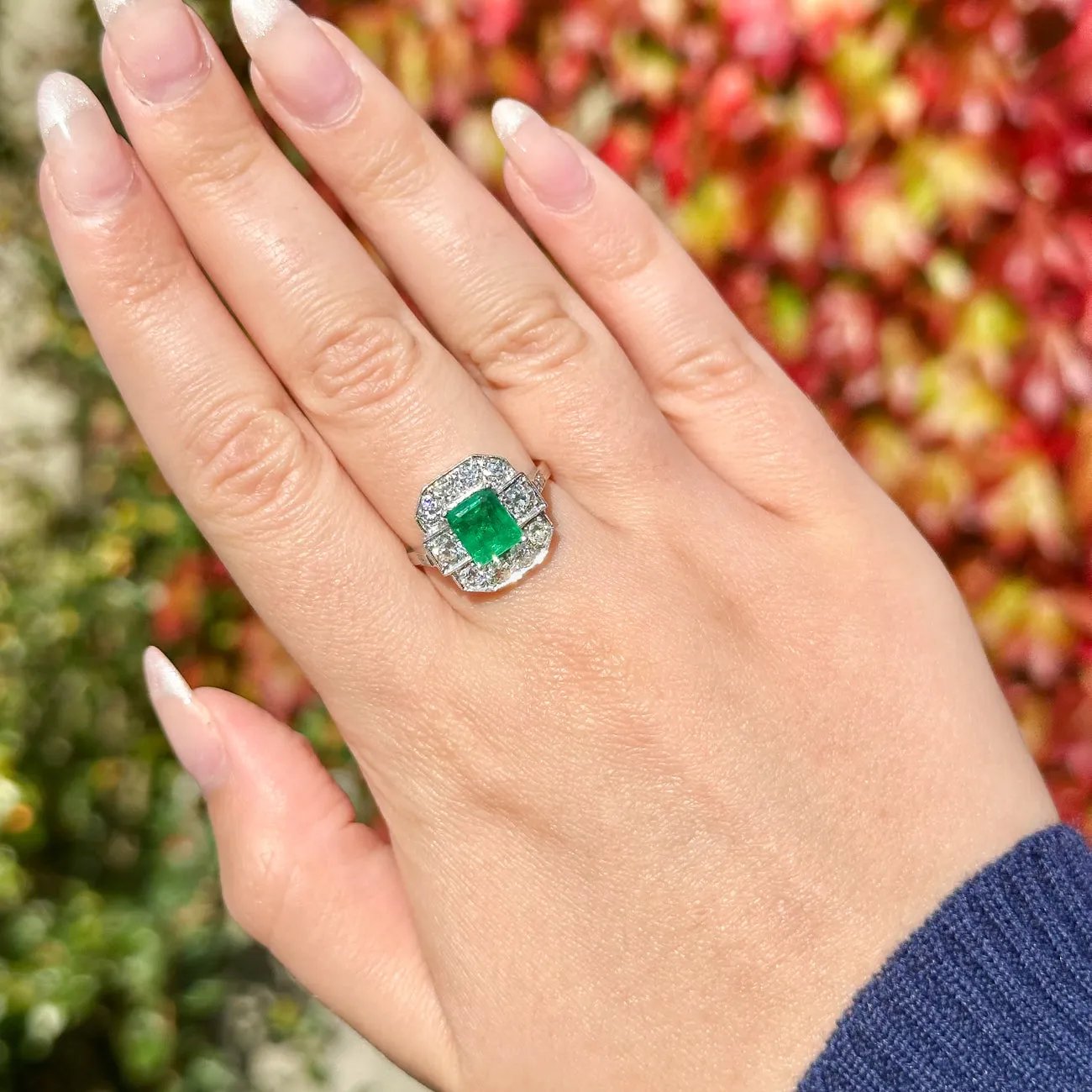 Art Deco Style Emerald Diamond Cluster Ring 1.8ct Emerald