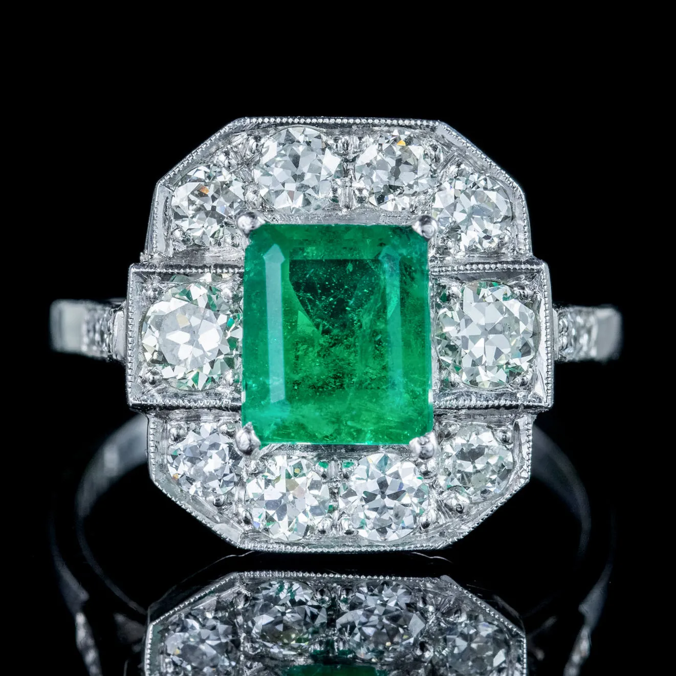 Art Deco Style Emerald Diamond Cluster Ring 1.8ct Emerald