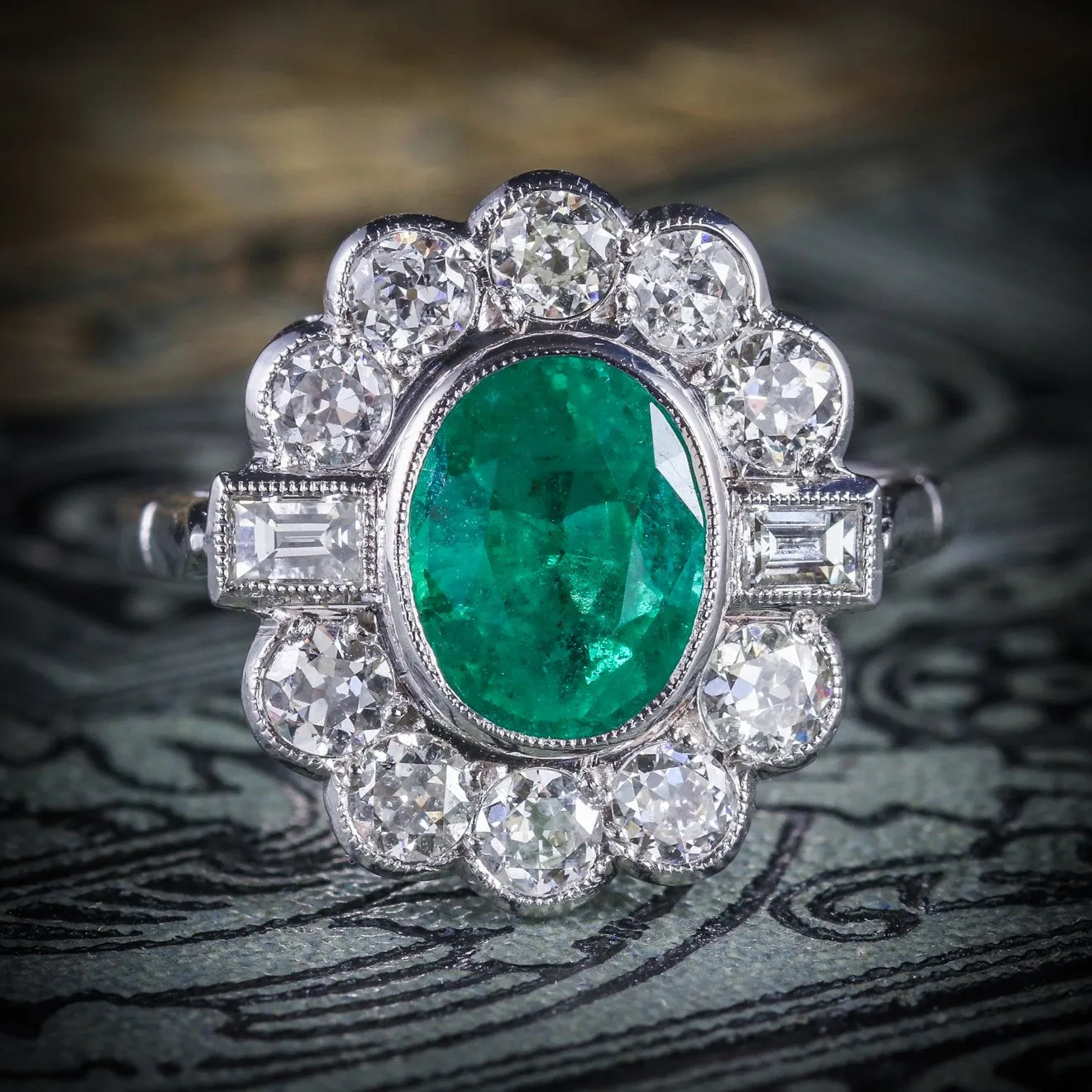 Art Deco Style Emerald Diamond Cluster Ring 2ct Emerald