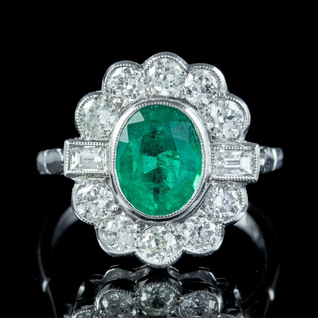 Art Deco Style Emerald Diamond Cluster Ring 2ct Emerald