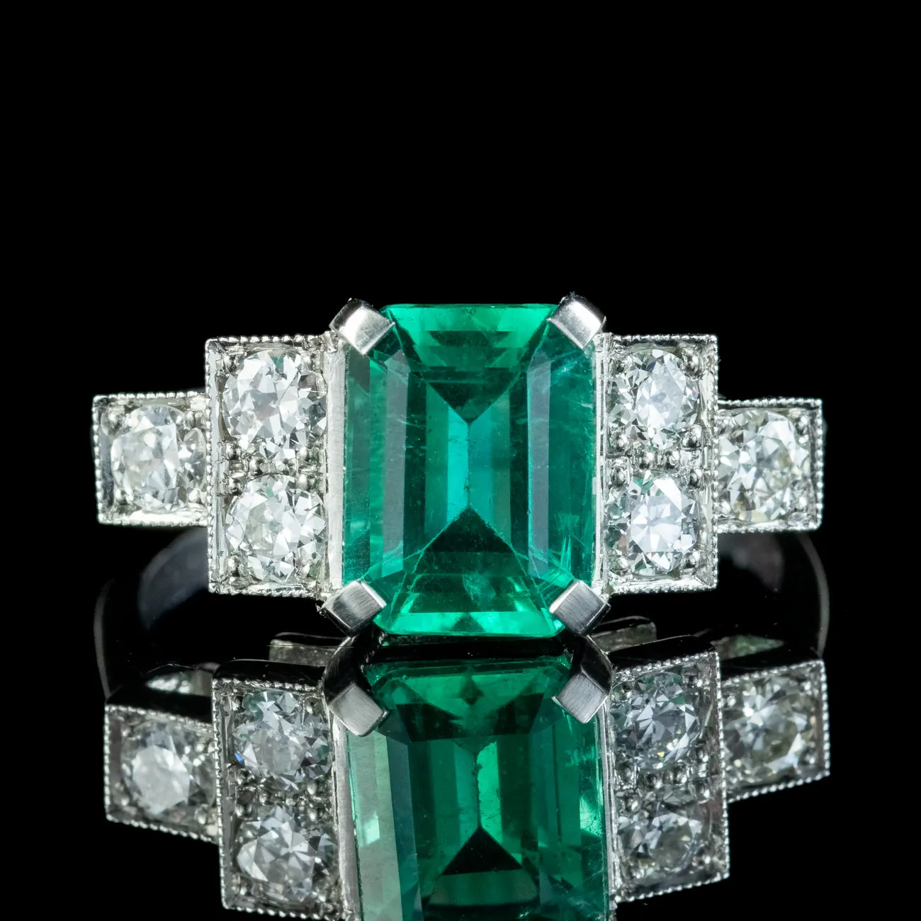 Art Deco Style Emerald Diamond Ring 1.8ct Emerald