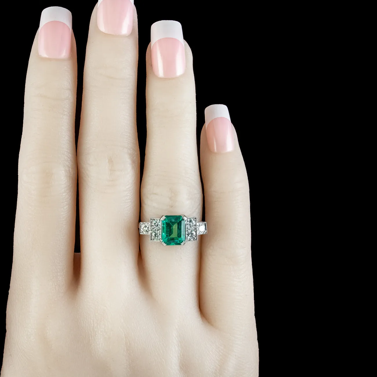 Art Deco Style Emerald Diamond Ring 1.8ct Emerald