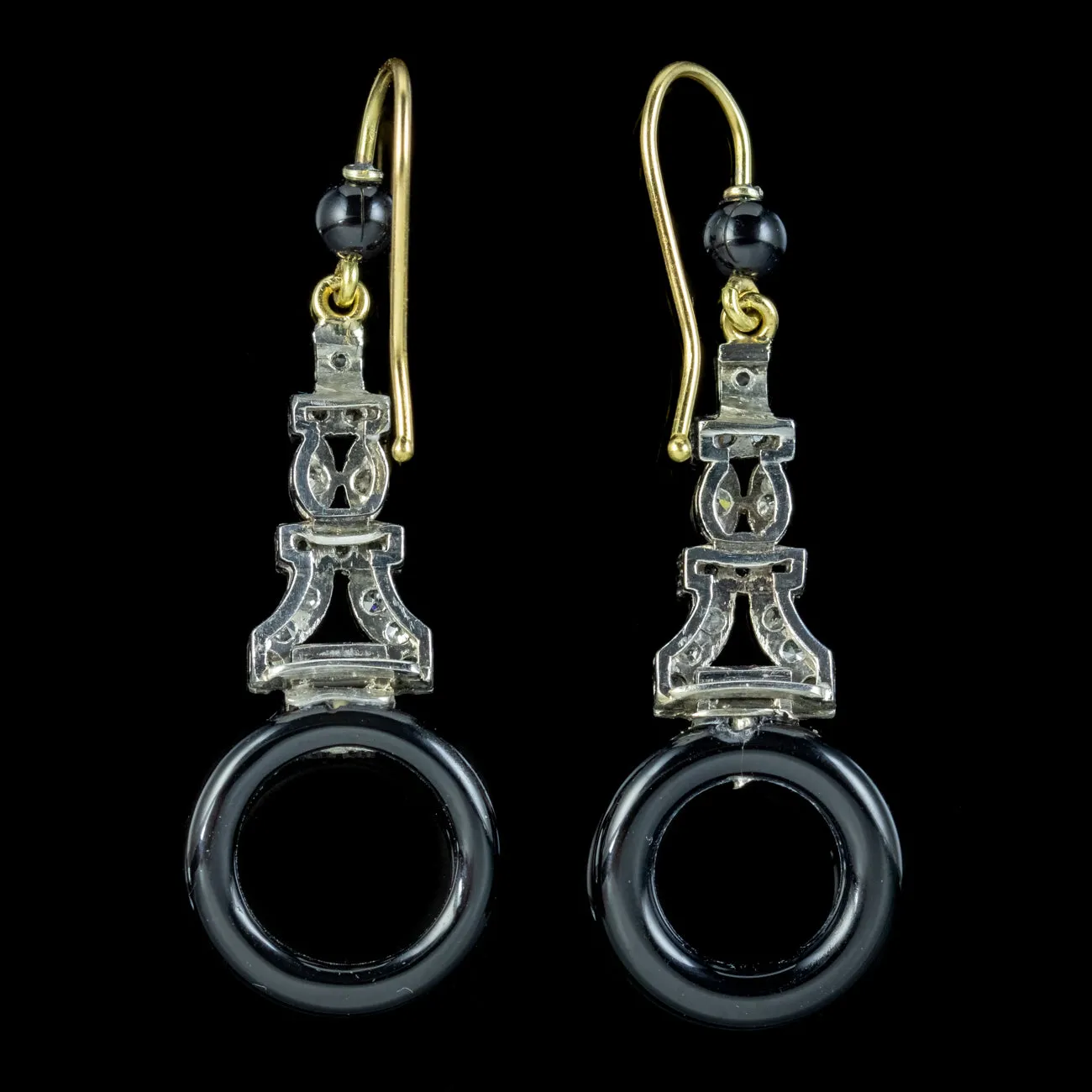 Art Deco Style Onyx Diamond Drop Earrings Platinum 18ct Gold