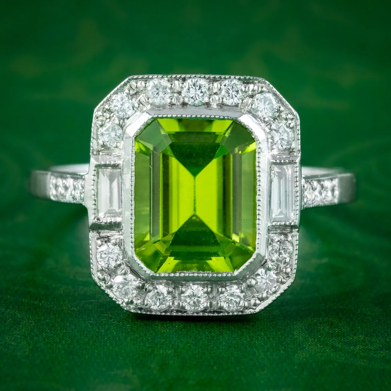 Art Deco Style Peridot Diamond Ring 3ct Peridot