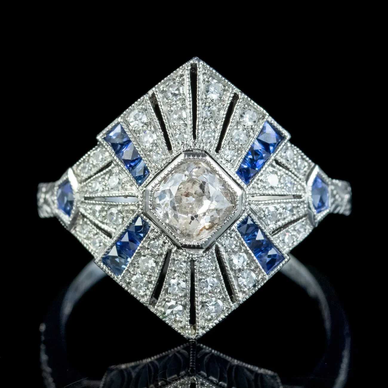 Art Deco Style Sapphire Diamond Cluster Ring 0.66ct Diamond