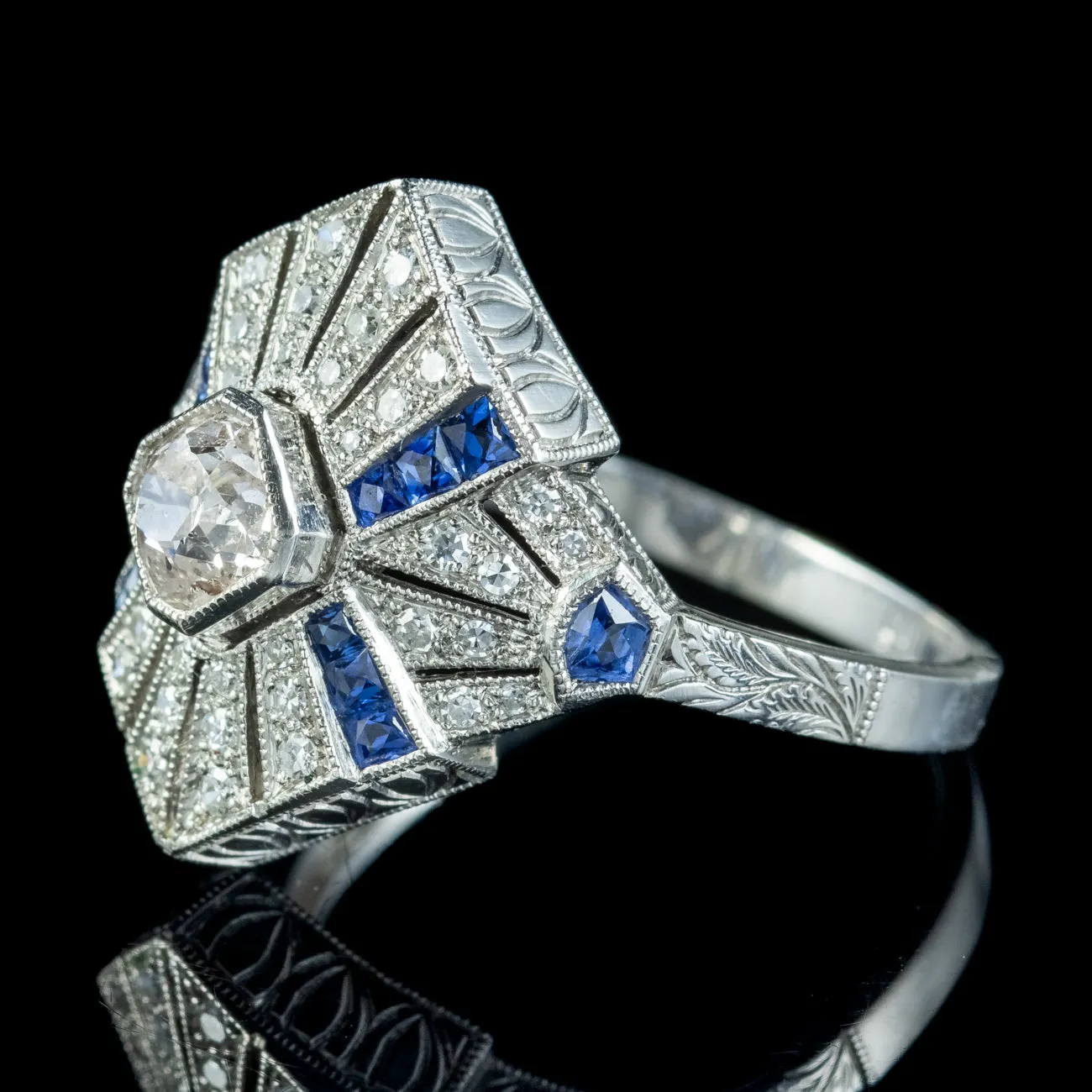 Art Deco Style Sapphire Diamond Cluster Ring 0.66ct Diamond