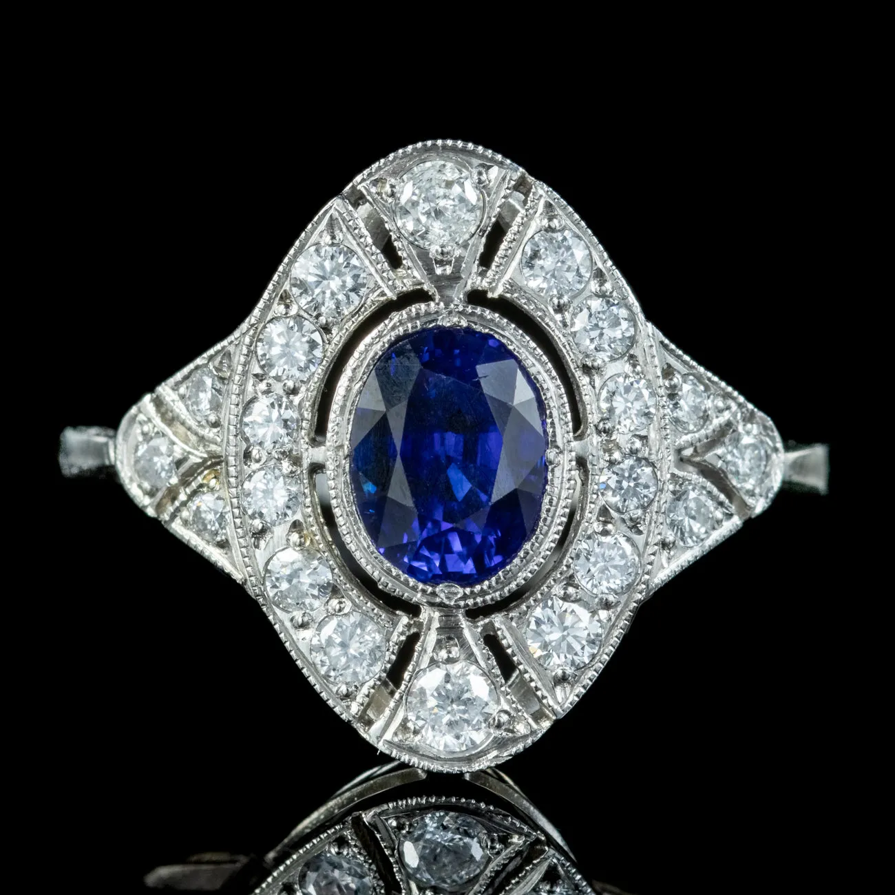 Art Deco Style Sapphire Diamond Cluster Ring 0.80ct Sapphire