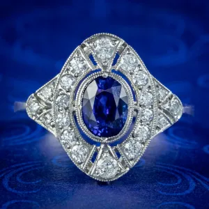 Art Deco Style Sapphire Diamond Cluster Ring 0.80ct Sapphire