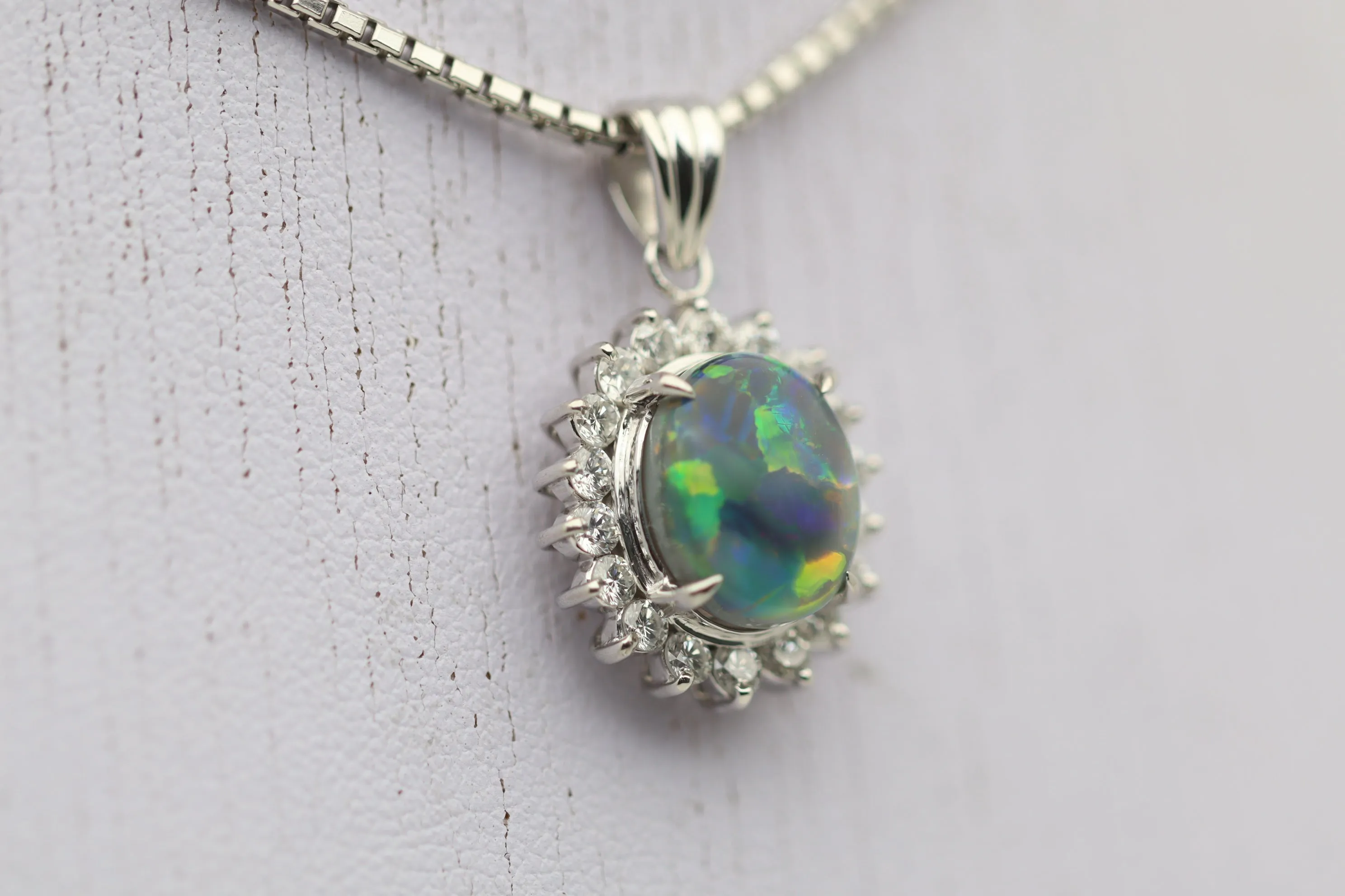 Australian Black Opal Diamond Halo Platinum Pendant