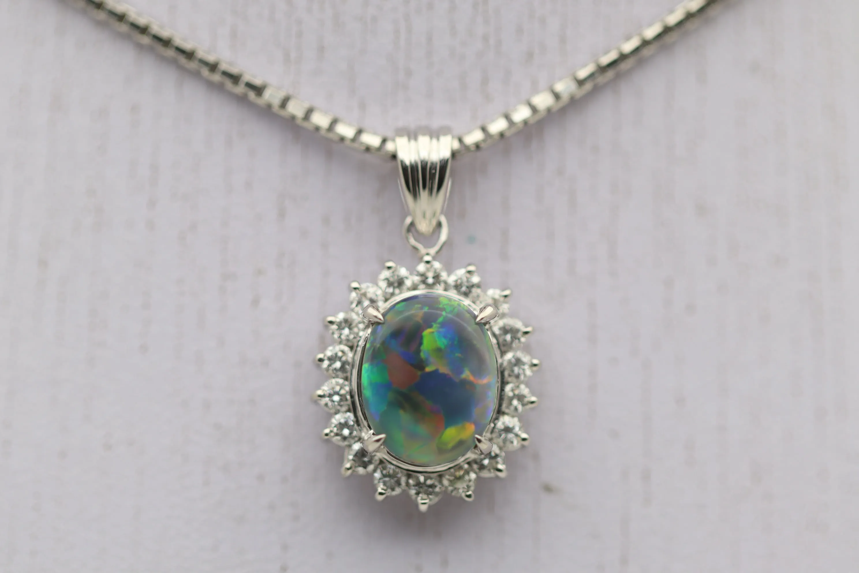 Australian Black Opal Diamond Halo Platinum Pendant