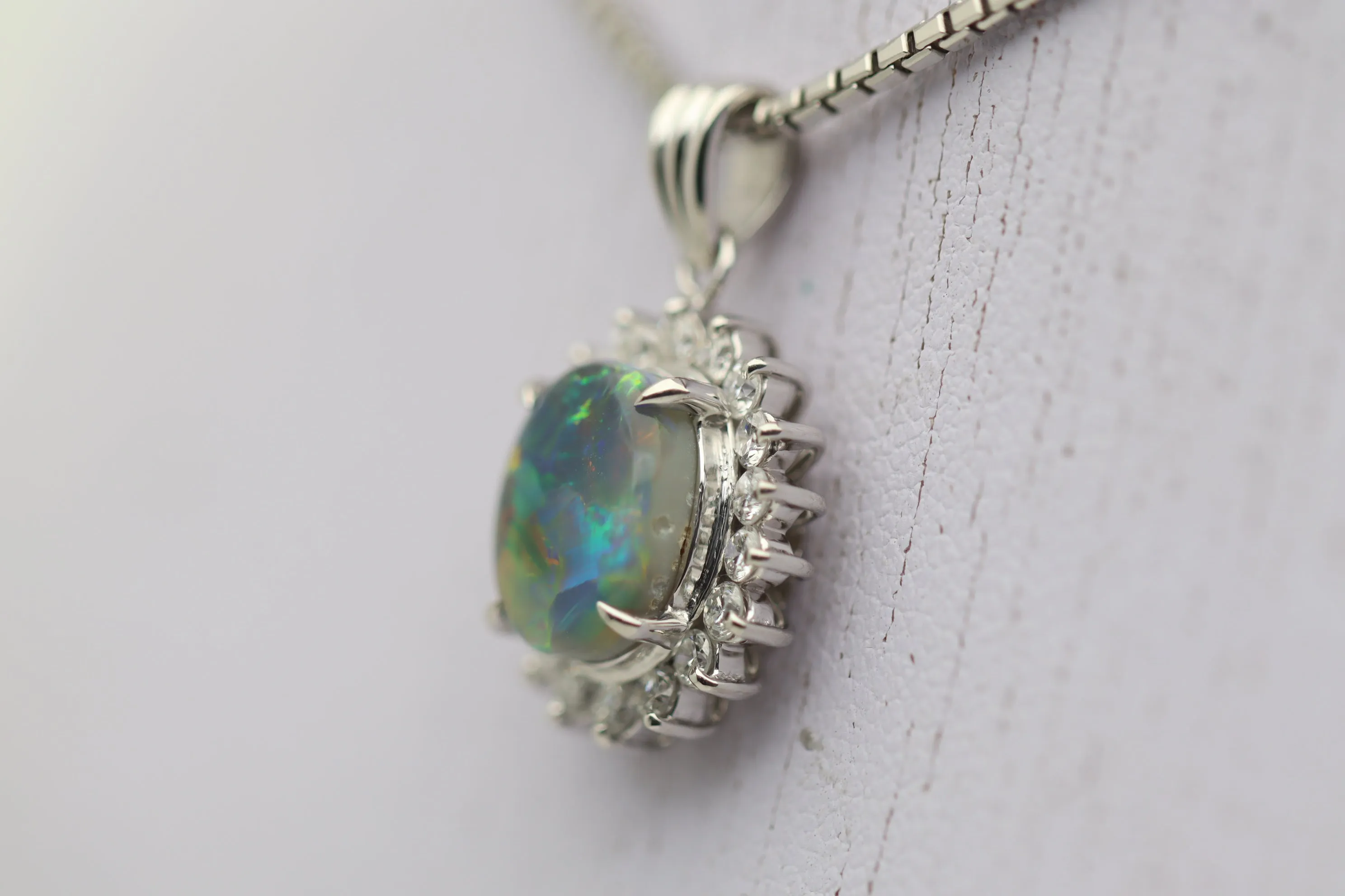 Australian Black Opal Diamond Halo Platinum Pendant