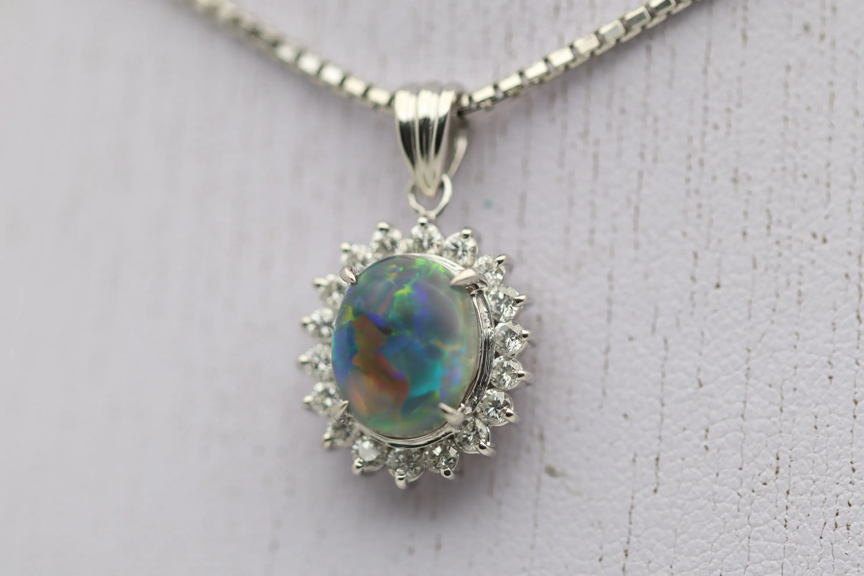 Australian Black Opal Diamond Halo Platinum Pendant