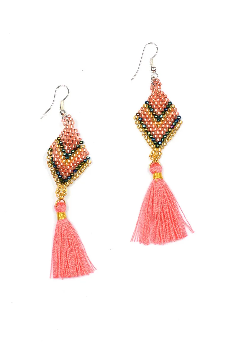 Beaded Diamond Tassel Earrings