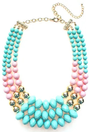 Beaded Layered Statement Necklace- Mint & Light Pink