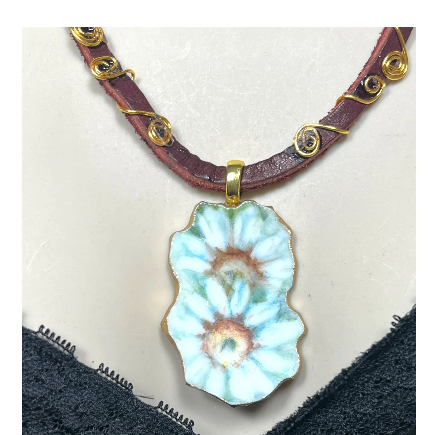 Broken China Daisies Pendant & Hand-Wrapped Leather Necklace