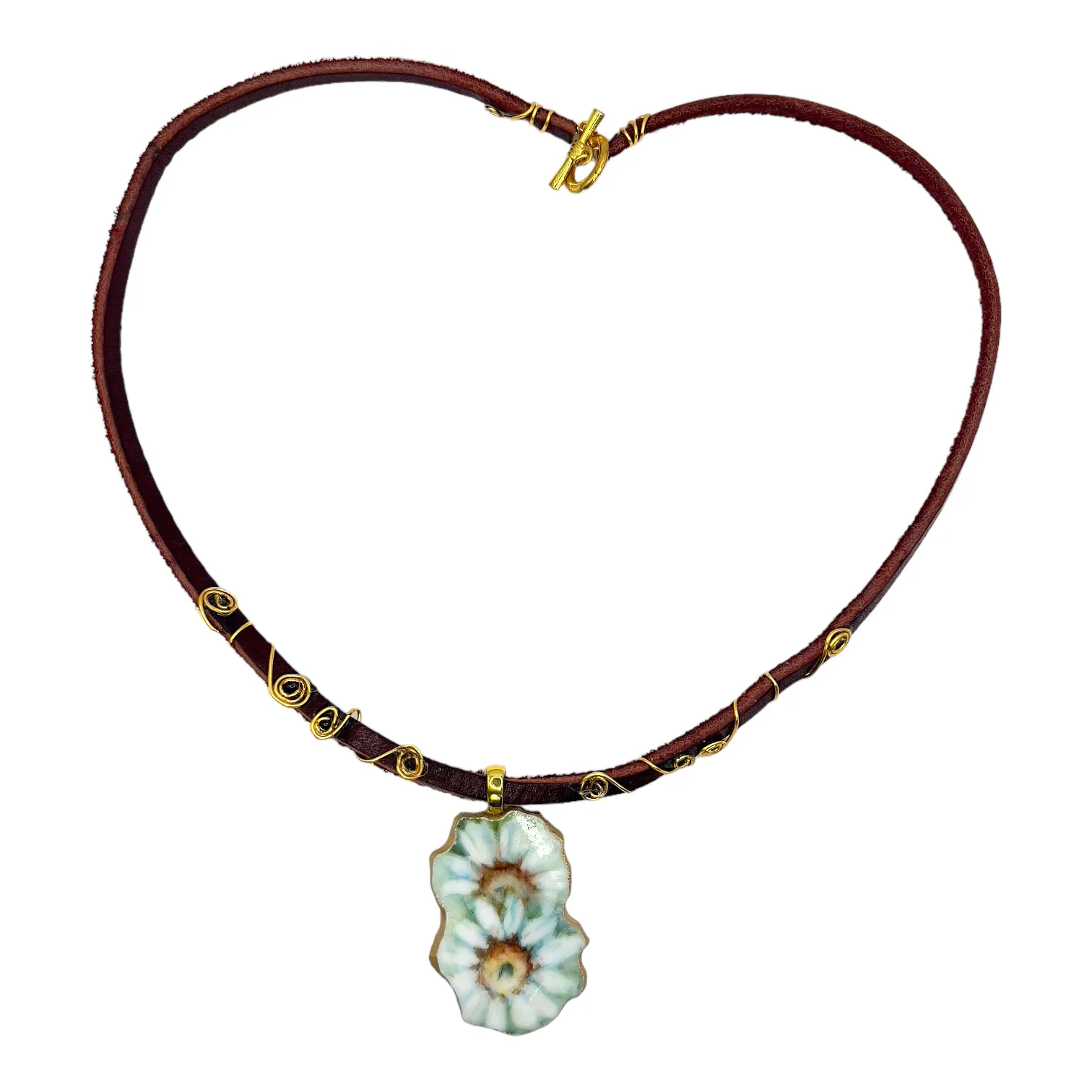 Broken China Daisies Pendant & Hand-Wrapped Leather Necklace