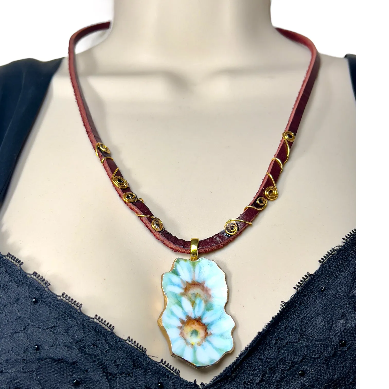 Broken China Daisies Pendant & Hand-Wrapped Leather Necklace