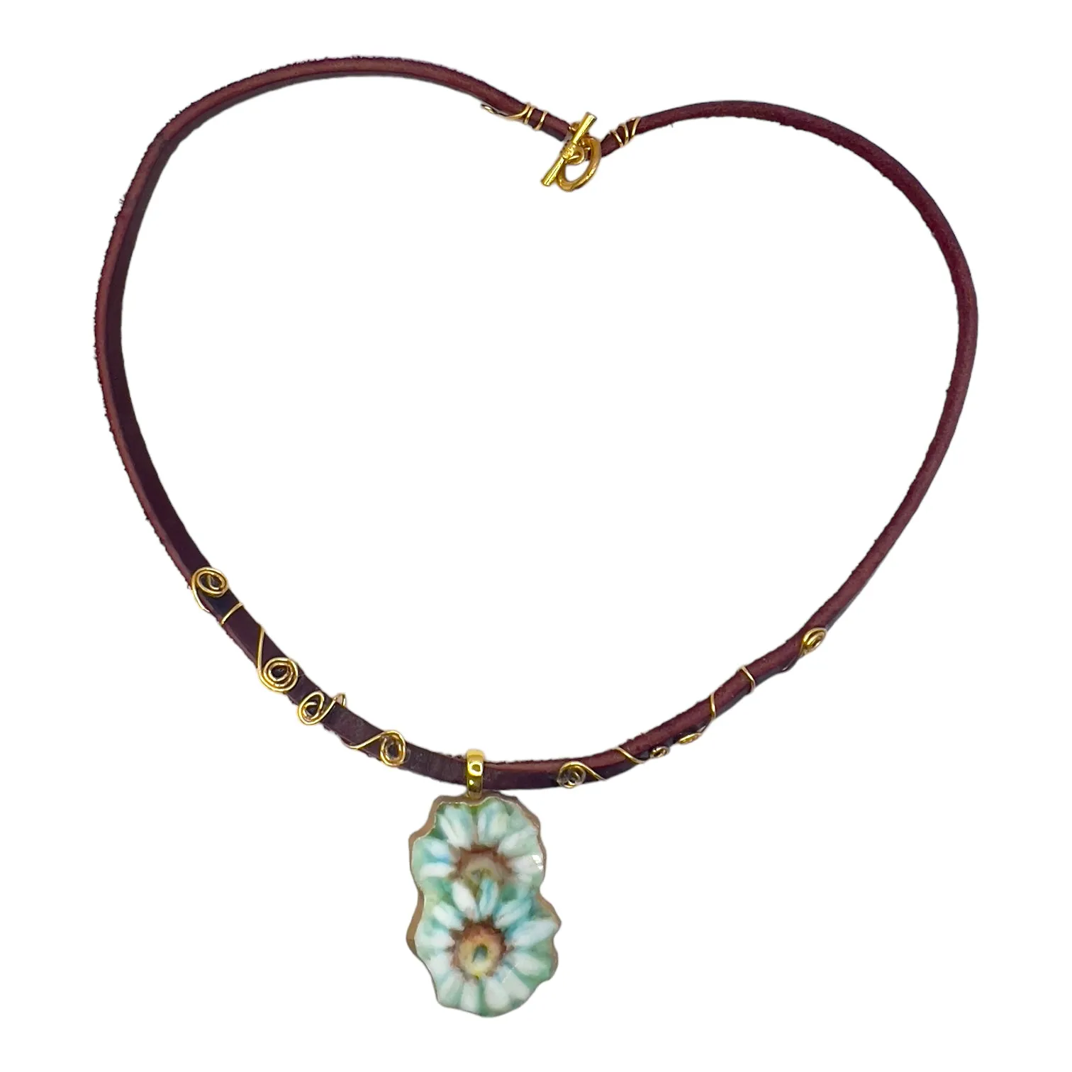 Broken China Daisies Pendant & Hand-Wrapped Leather Necklace