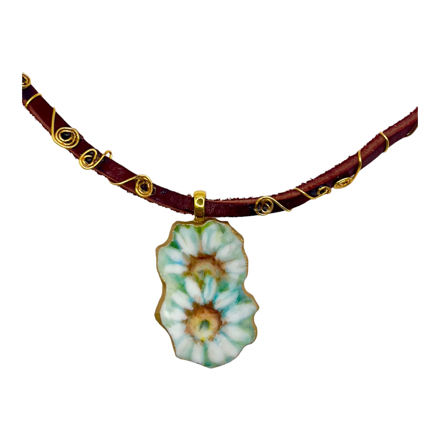 Broken China Daisies Pendant & Hand-Wrapped Leather Necklace