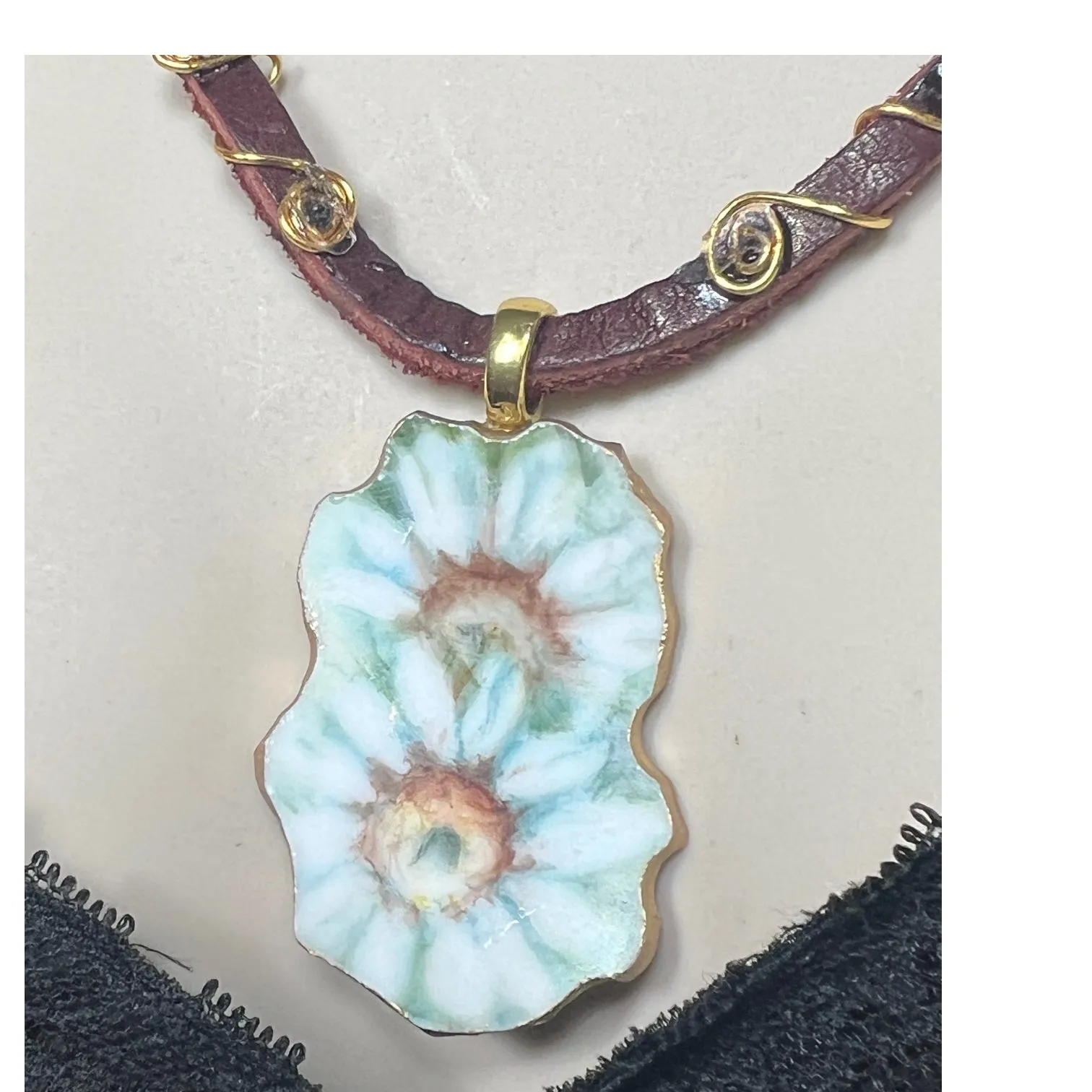 Broken China Daisies Pendant & Hand-Wrapped Leather Necklace