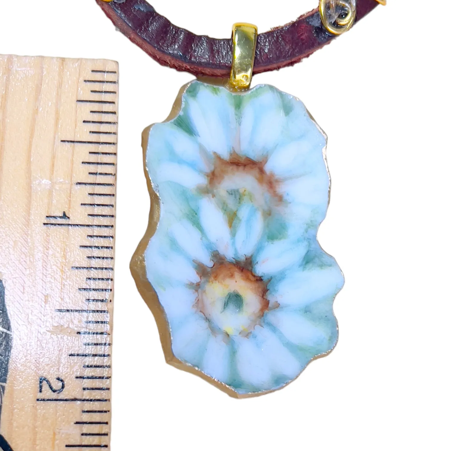 Broken China Daisies Pendant & Hand-Wrapped Leather Necklace