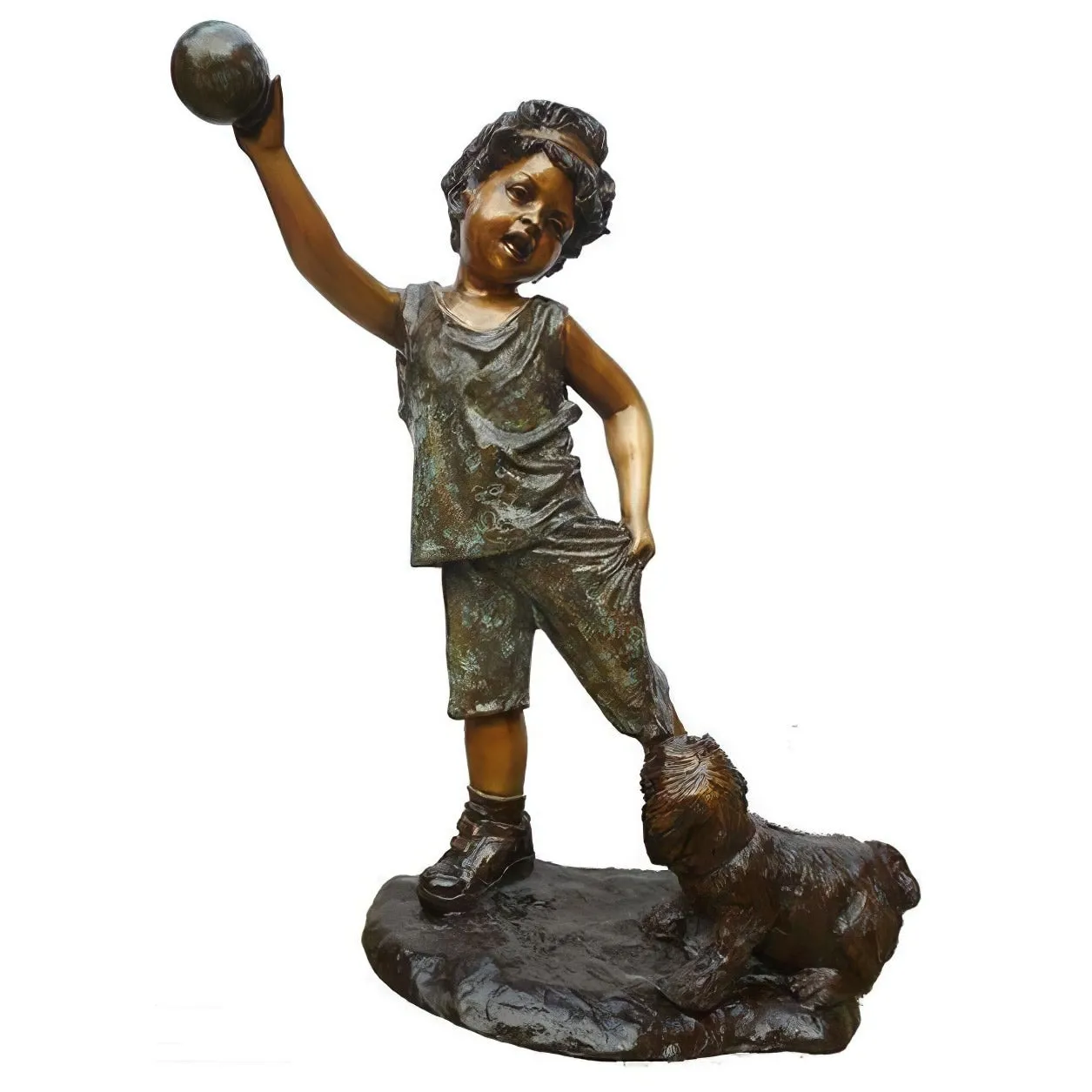 Bronze Child Playing Ball With Dog Sculpture