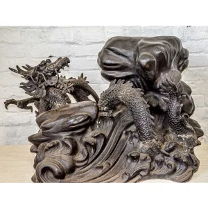 Bronze Dragon on Waves Sculpture