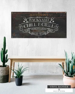 Chill & Grill Backyard Bar Vinyl Sign  - Customizable Outdoor Porch & Patio Weatherproof Wall Art