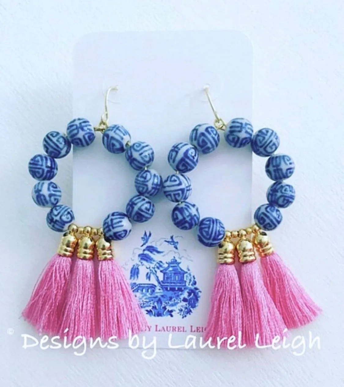 Chinoiserie Beaded Tassel Hoop Earrings - Hot Pink or Light Pink