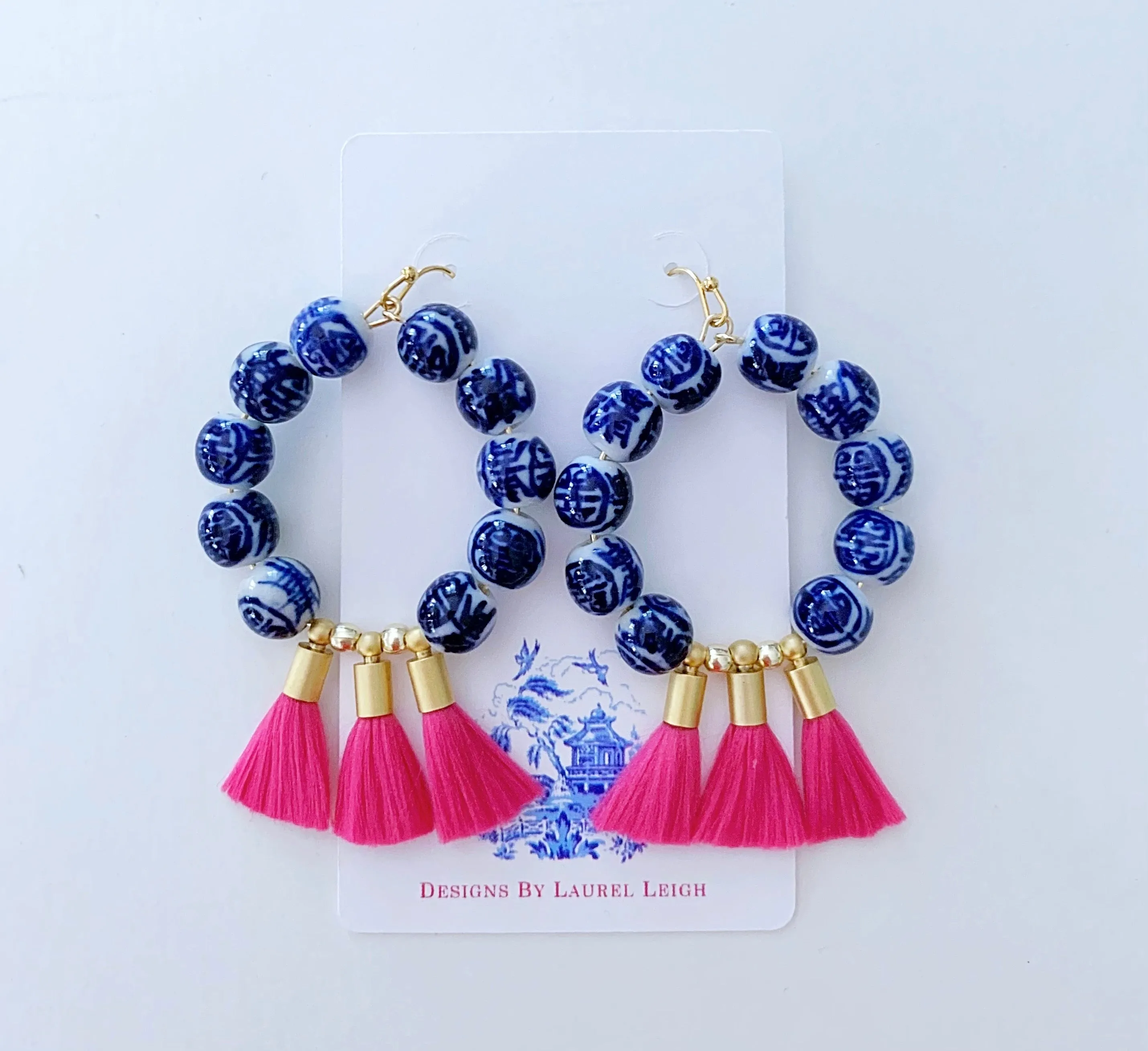 Chinoiserie Beaded Tassel Hoop Earrings - Hot Pink or Light Pink