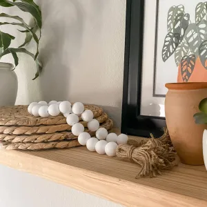 Chunky large wood bead garland with tassels- Rustic white