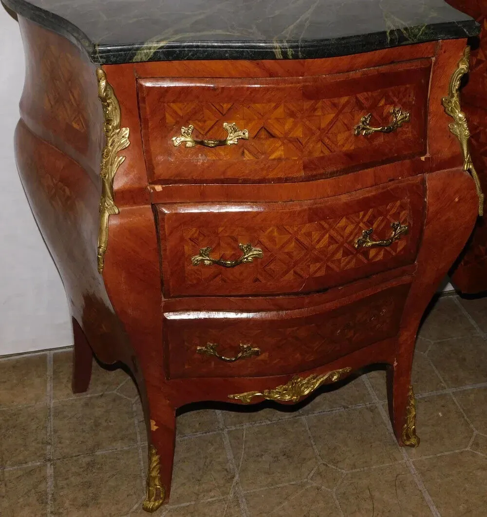 Commodes, Pair, Walnut Inlay, Marble Top, Diminutive, With Bronze Mounts!!