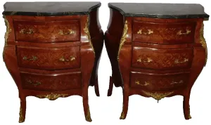 Commodes, Pair, Walnut Inlay, Marble Top, Diminutive, With Bronze Mounts!!