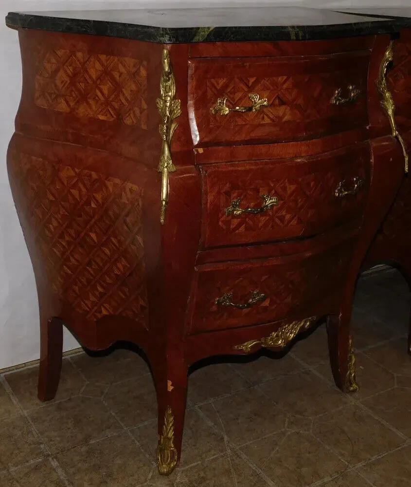 Commodes, Pair, Walnut Inlay, Marble Top, Diminutive, With Bronze Mounts!!